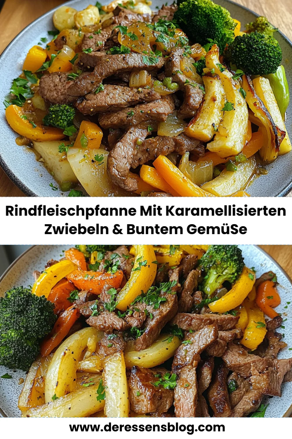 Die beste Rindfleischpfanne mit karamellisierten Zwiebeln und buntem Gemüse in 20 Minuten!