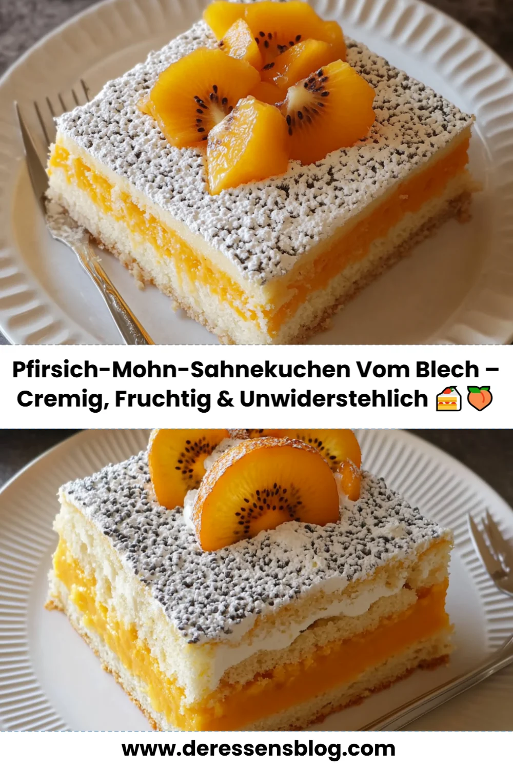 Unwiderstehlicher Pfirsich-Mohn-Sahnekuchen vom Blech – schnell, cremig und fruchtig lecker!